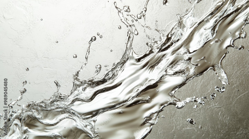 Poster an abstract image of liquid silver splashing against a textured silver background, creating a fluid 