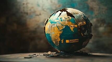 A globe with labels highlighting tariffs and sanctions.