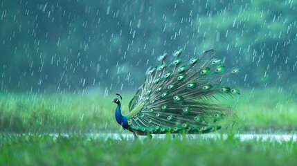 Majestic peacock performing a courtship dance in the rain, its iridescent feathers spread wide, set against a tranquil green field with raindrops adding a magical sheen
