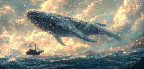 Obraz premium Celestial Giant Creature Flying Above the Ocean