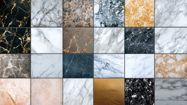 A collage of various marble textures showcasing different colors and patterns.