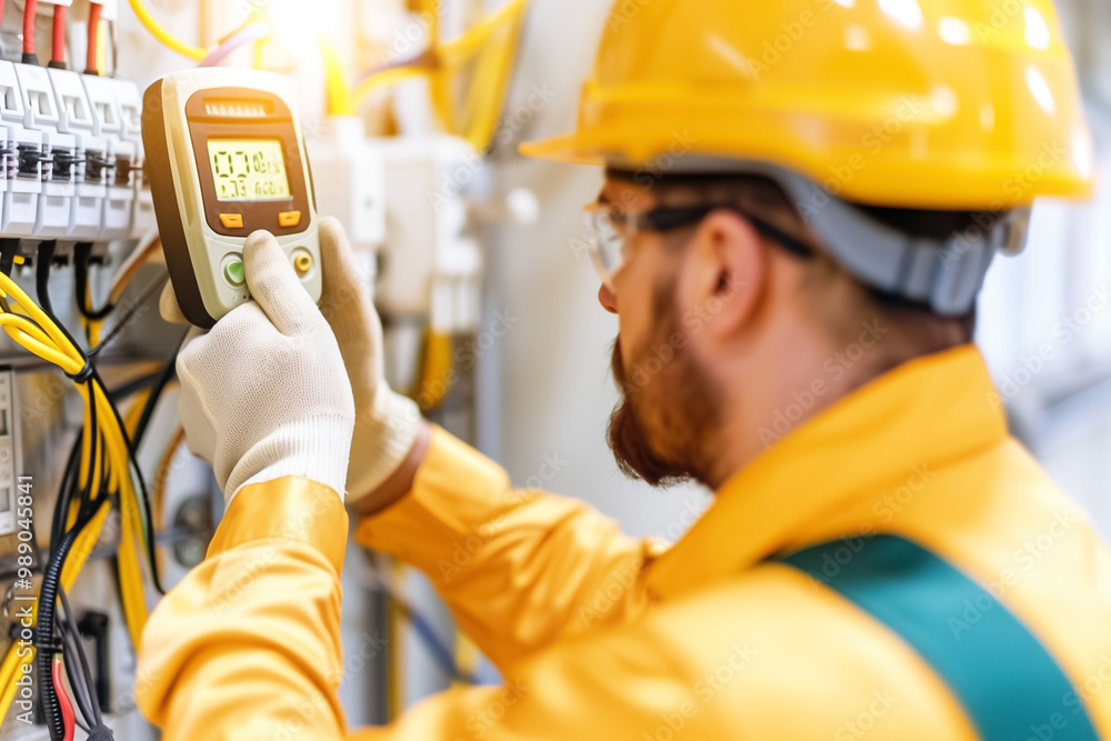 Poster a technician in safety attire checks electrical voltage levels with a digital multimeter in a factor