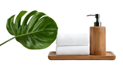 Natural bathroom scene with towels, soap dispenser, and tropical leaf, white isolate background transparent background.