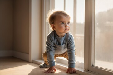 Naklejka premium Curious toddler boy sitting by window