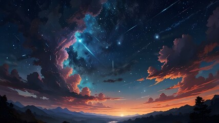 Naklejka premium Heavenly star falls_ Captivating anime sky wallpaper in digital art style, background with space