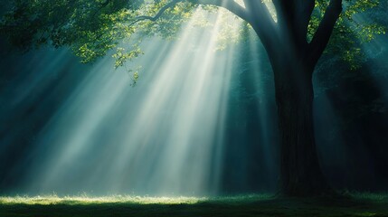 Fototapeta premium Ethereal Sunlight Streaming Through Forest Canopy