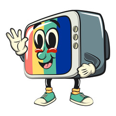 vintage tv monitor cartoon character mascot retro vector design greet by waving your hand, work of hand drawn