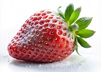 Crisp, frosty air swirls around a juicy, ripe strawberry, set against a bright white background with subtle shadows.