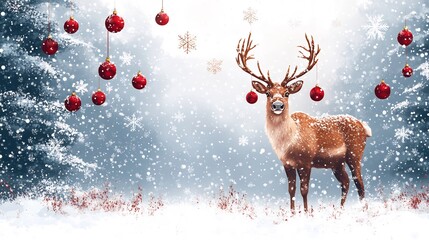 Christmas reindeer standing a snowy field ornaments hanging from its antlers surrounded by snowflakes and festive decorations joyful holiday card design with winter celebration theme