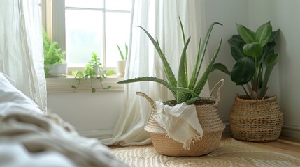 High-angle shot of minimalist bedroom with Aloe Vera on windowsill, light through curtains, natural textures.