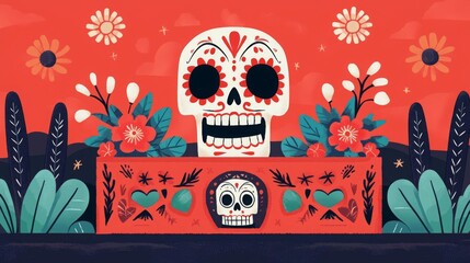 Colorful skull artwork with flowers and decorative elements