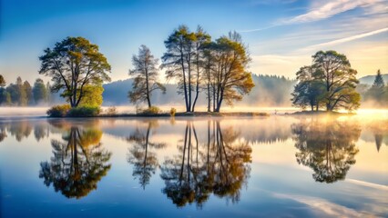 Whispers of mist dancing across a serene lake, reflected trees standing tall in the still water