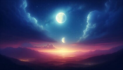 Fototapeta premium A beautiful night sky with two full moons and a few clouds. The sky is filled with stars and the moon is shining brightly