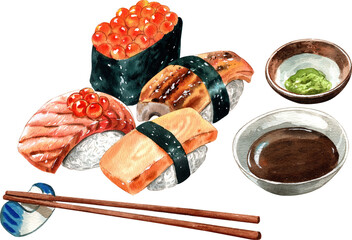 salmon burnt sushi, Unagi sushi, grilled eel sushi, ikura, red caviar sushi, Tomago, sweet egg sushi , japanese,  watercolor painting hand-drawn illustration
