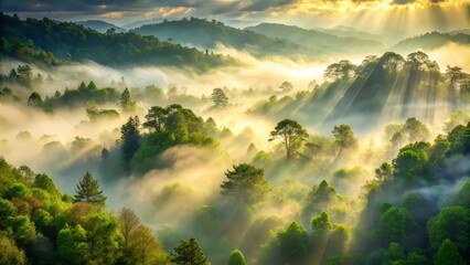 Soft, eerie fog rolling in over a misty forest, with sunbeams peeking through the mist, casting an ethereal glow on the lush green foliage.
