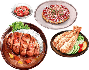 Pork tonkatsu with japanese curry, Shrimp Tempura, Okonomiyaki, pickled ginger, watercolor painting hand-drawn illustration