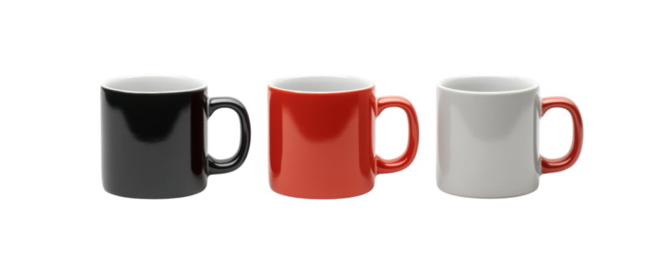 Three colorful mugs on a white isolated background. transparent background.