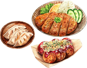 Takoyaki, chicken tonkatsu, gyoza japanese fried dumplings, Japanese Food, , watercolor painting hand-drawn illustration