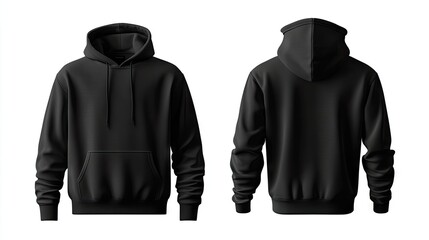 Side-by-side front and back views of a black hoodie, isolated on a white background, perfect for showcasing design ideas.