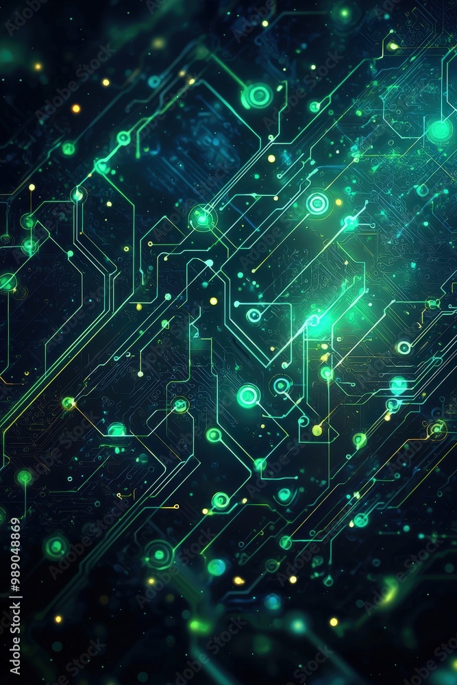Poster futuristic circuitry background with glowing green and blue patterns for tech branding and design