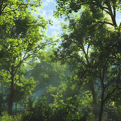 Fototapeta premium Serene Sunlit Forest with Lush Green Undergrowth - Peaceful Woodland Landscape
