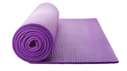 Purple yoga mat rolled up on white isolated background. transparent background.