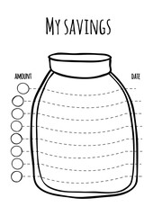 Vector illustration for printable with a jar. Minimalist planner for Savings, Budget Tracker.