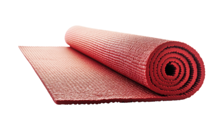 Red yoga mat rolled out on white isolated background. transparent background.