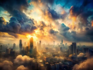 Fototapeta premium Hazy and impressionistic clouds obscuring a distant cityscape with moody lighting and abstracted forms