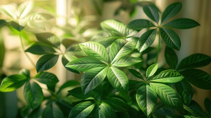 Close-Up of Umbrella Plant by Window with Glossy Leaves in Soft Light

