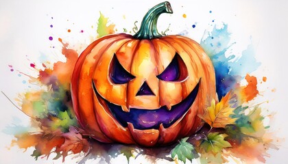 Vibrant watercolor painting of Halloween jack o lantern pumpkin