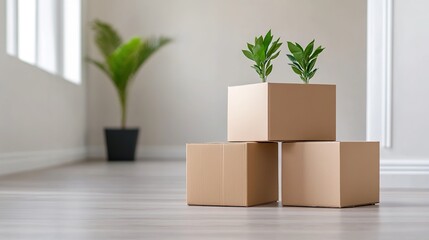 Green Plants in Cardboard Boxes in Modern Interior Space