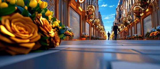 Obraz premium Charming Street with Beautiful Flowers and Blue Sky