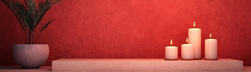 Modern decor featuring candles and a plant on a shelf.