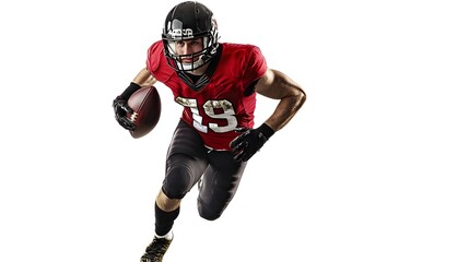 A football player in a red jersey runs with the ball.