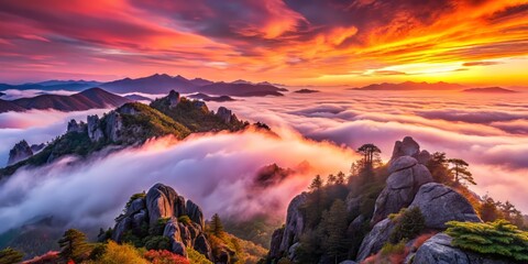 Vibrant misty mountain scenery at dawn, with radiant pink and orange hues, dramatic fog swirls, and rugged rocky textures, showcasing breathtaking natural beauty.