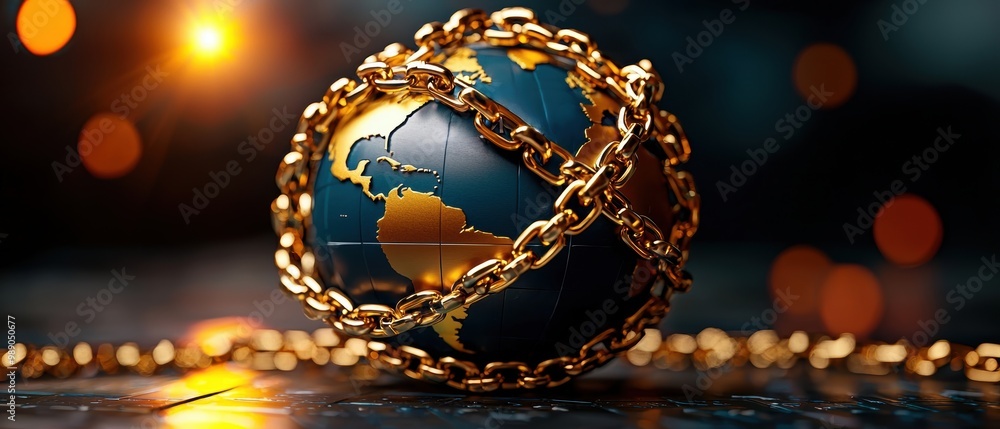 Poster globe bound by chains symbolizing global restriction