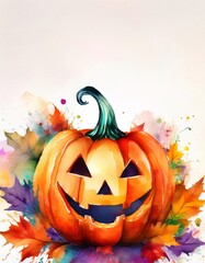 Vibrant watercolor painting of Halloween jack o lantern pumpkin