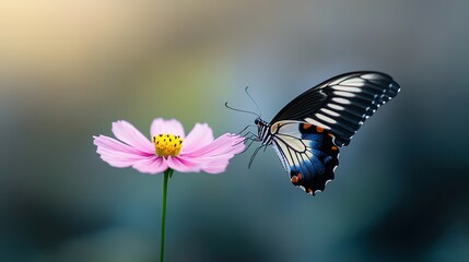 Vibrant Butterfly and Pink Flower in Natural Setting