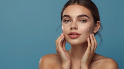 Beautiful woman applying moisturizer cream on face