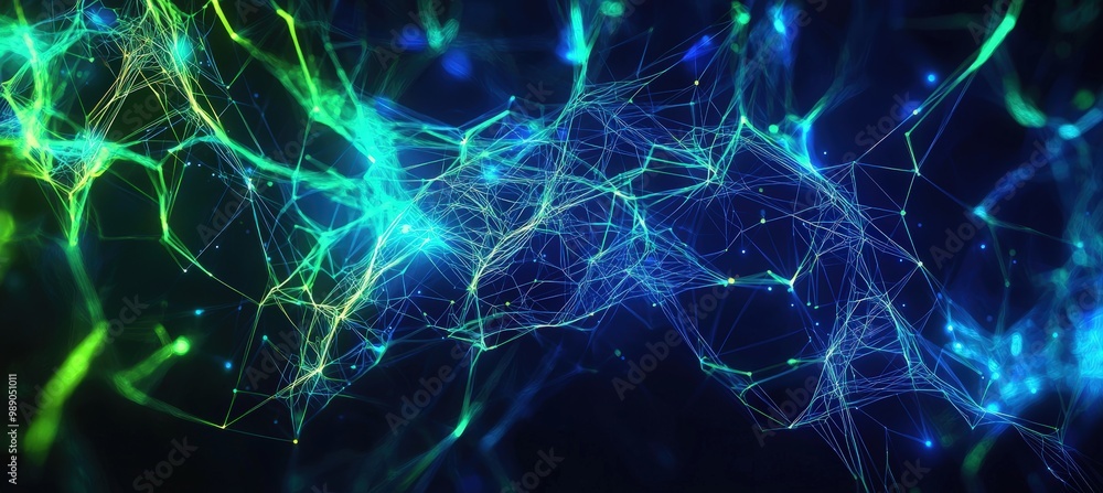 Poster glowing interconnected lines in neon blue and green - futuristic abstract digital background for tec