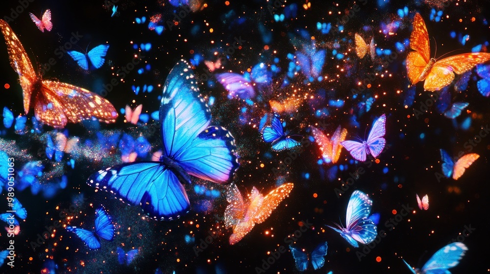 Poster a vibrant display of colorful butterflies against a dark background, creating a magical atmosphere.