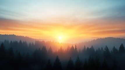 Serene Sunrise Over Misty Forest Landscape