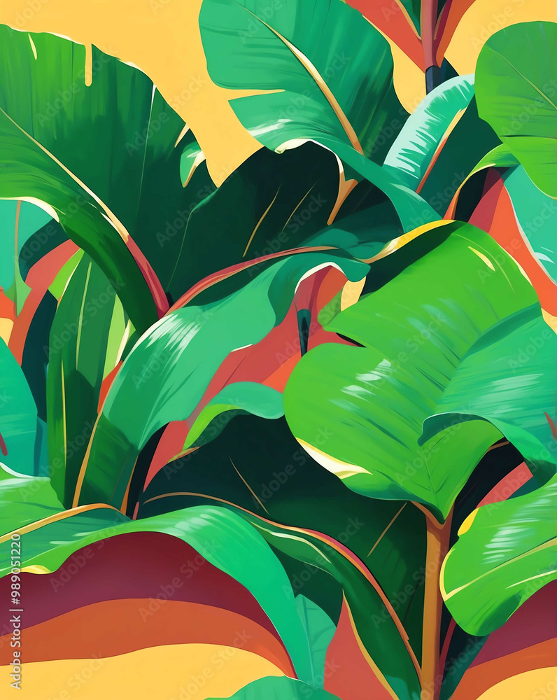 Poster Banana leaves with sunlit waves seamless design pattern wallpaper