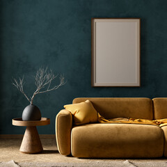 Mock up poster frame in boho style decorated livinig room. Modern Interior design of living room with wooden furnitures. 3D illustration