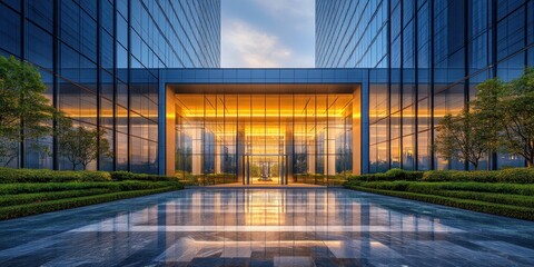 Modern Glass Building Entrance with Reflective Pool and Lush Greenery