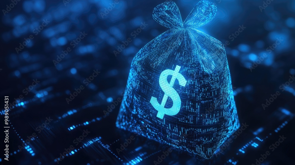 Poster a blue digital money bag with a prominent dollar icon and binary code overlay, representing ai-drive