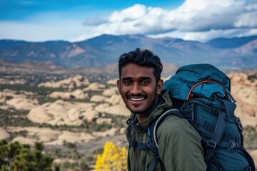 Naklejka premium Sri lankan man backpack backpacking smiling.