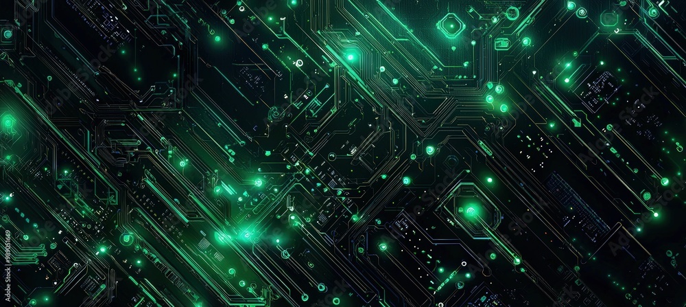 Poster abstract high-tech circuit board design in green and black, emphasizing connectivity and innovation
