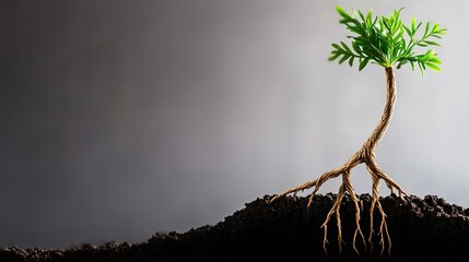 Growing Plant with Roots in Dark Soil Background